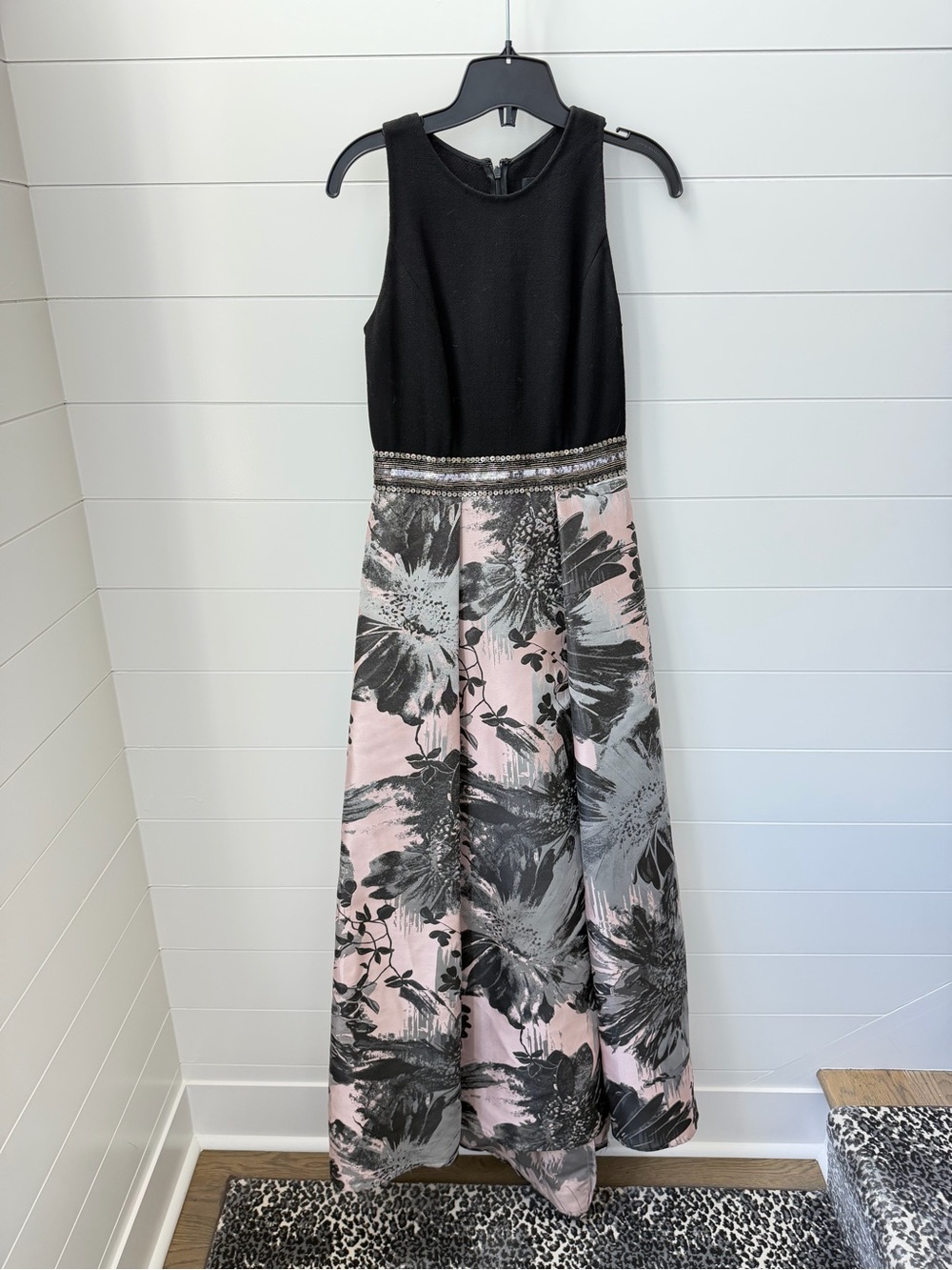 Carmen Marc Valvo Black Bodice Pink Floral Satin Gown